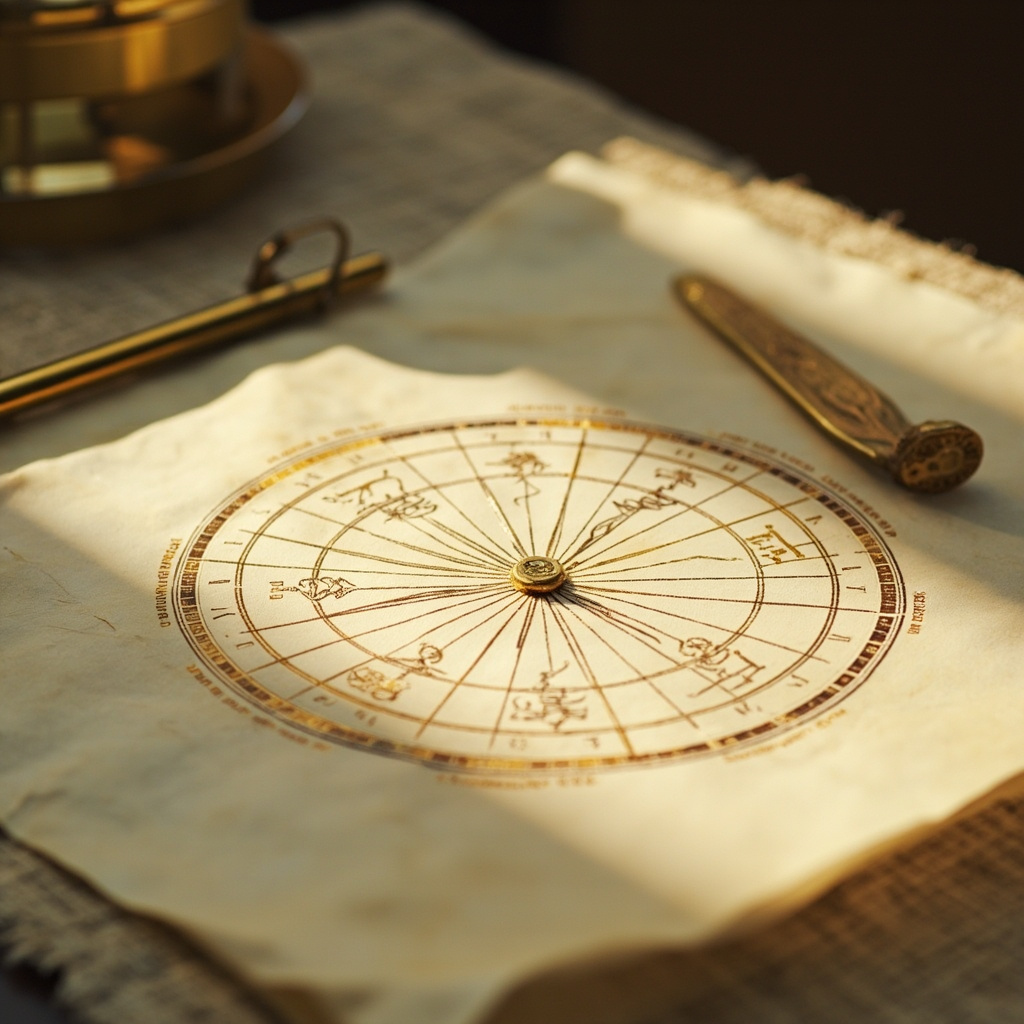 An intricate antique astrological chart wheel drawn in gold ink on cream vellum with a brass divider