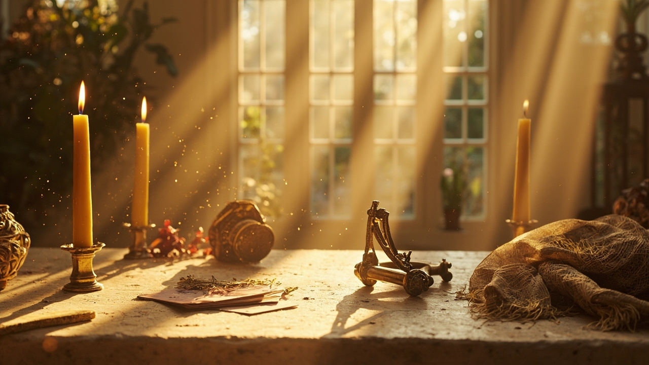 A ceremonial altar of aged stone with beeswax candles, antique tarot cards and a brass astrolabe in warm golden light
