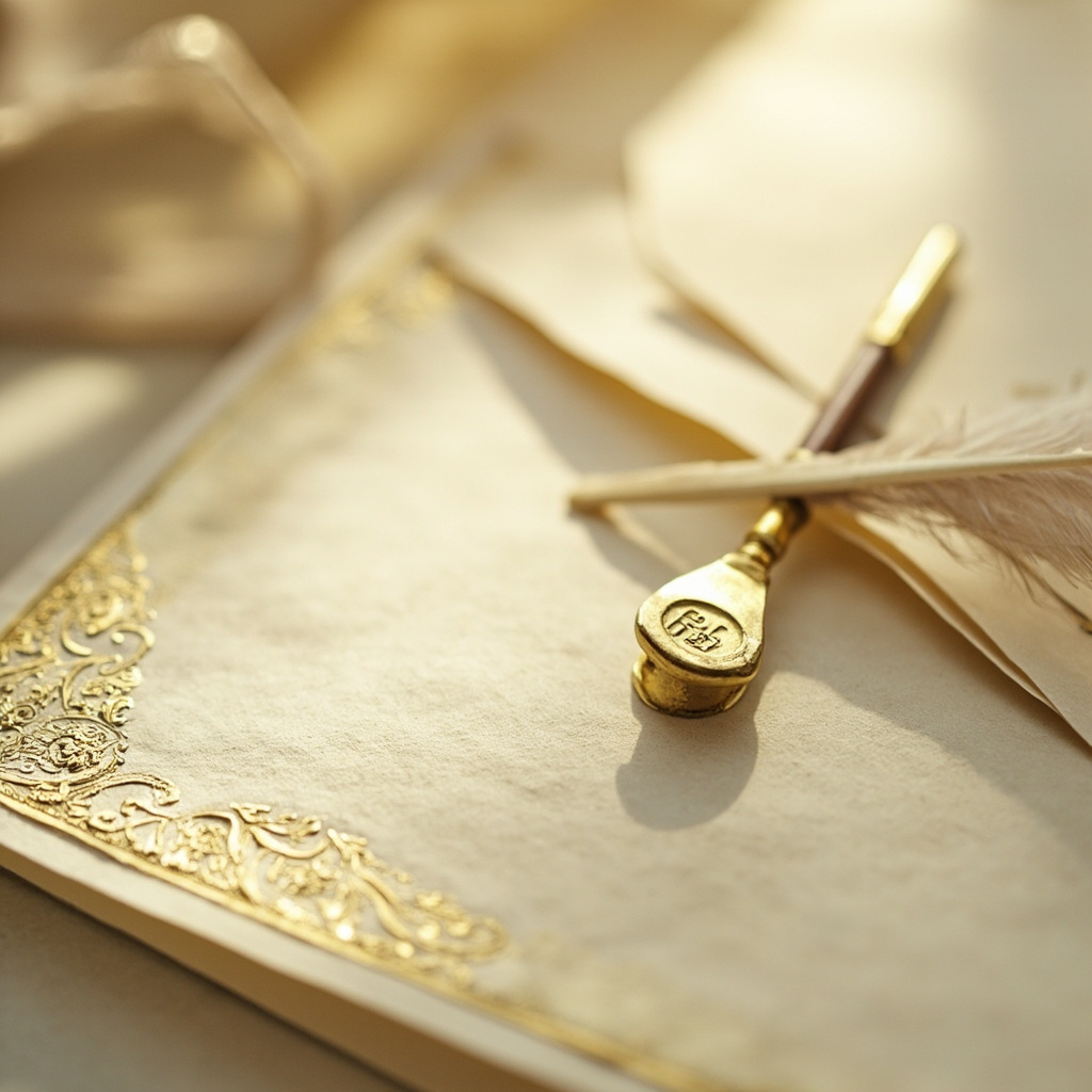 Handmade ivory parchment with a gold filigree border and wax seal